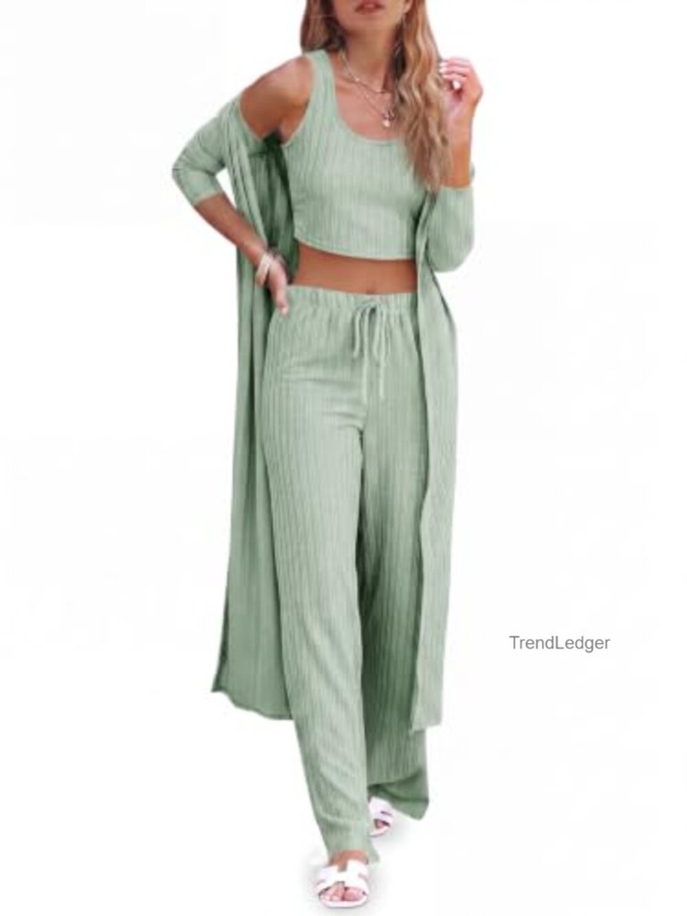3 Piece Lounge Set Women Pajama Outfit Tank Wide Leg Pants Cardigan